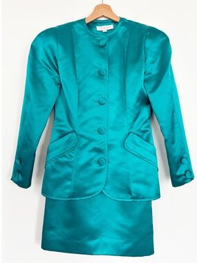 Victor Costa || Vintage‎ Satin Suit Blazer Skirt Set Teal Green US 6